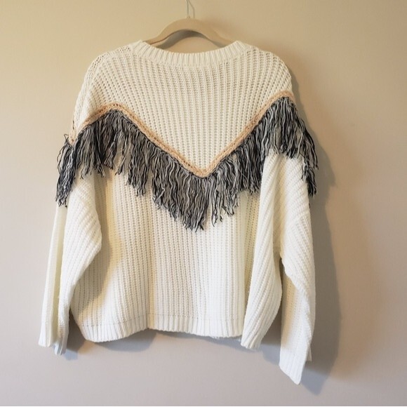 Mustard Seed Ivory Fringe Western Chunky Knit Oversized Boxy Rodeo Sweater Med - Picture 6 of 8